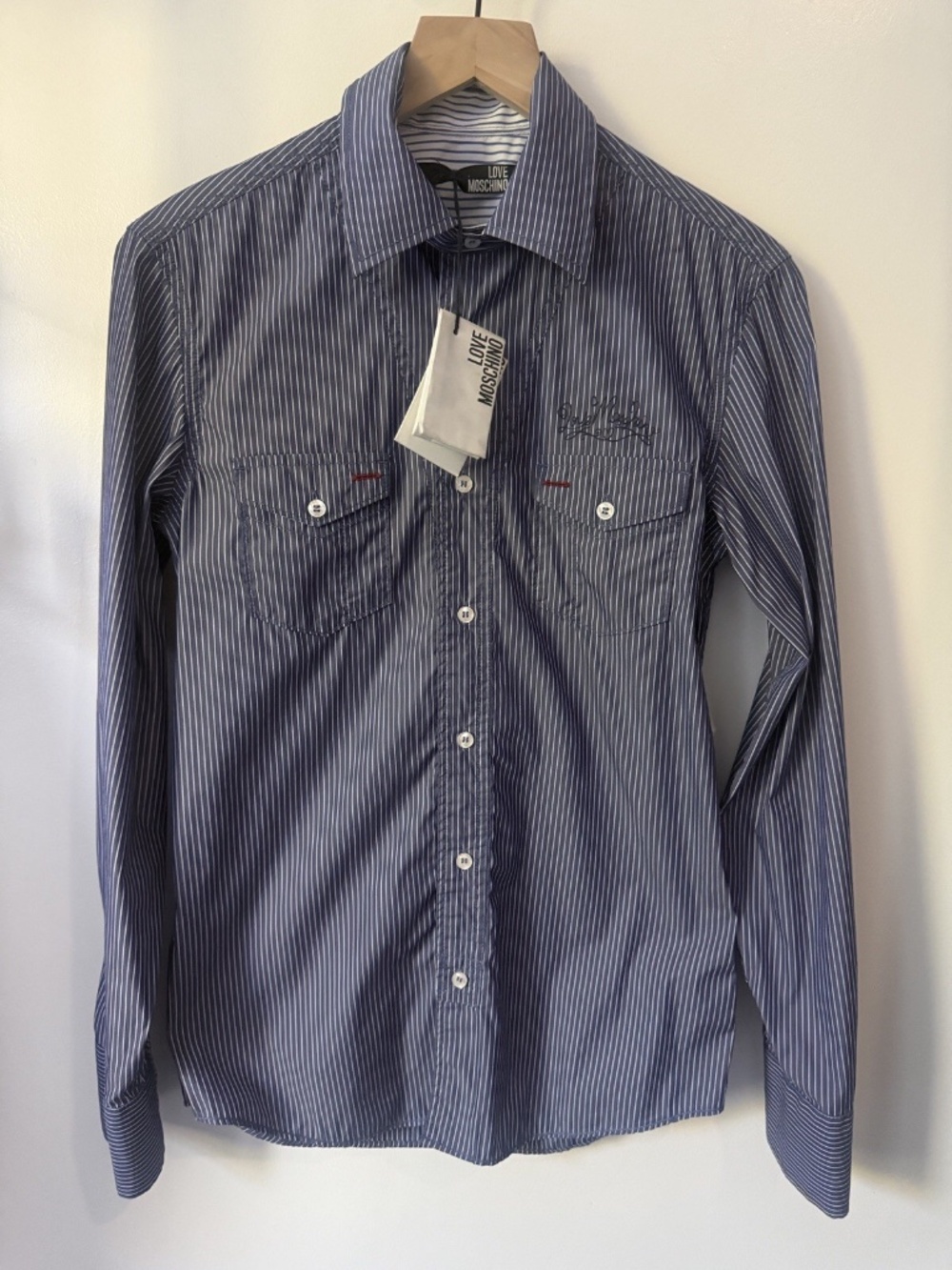 Love Moschino Men’s Striped Blue Long Sleeve Shirt Size Small NWT